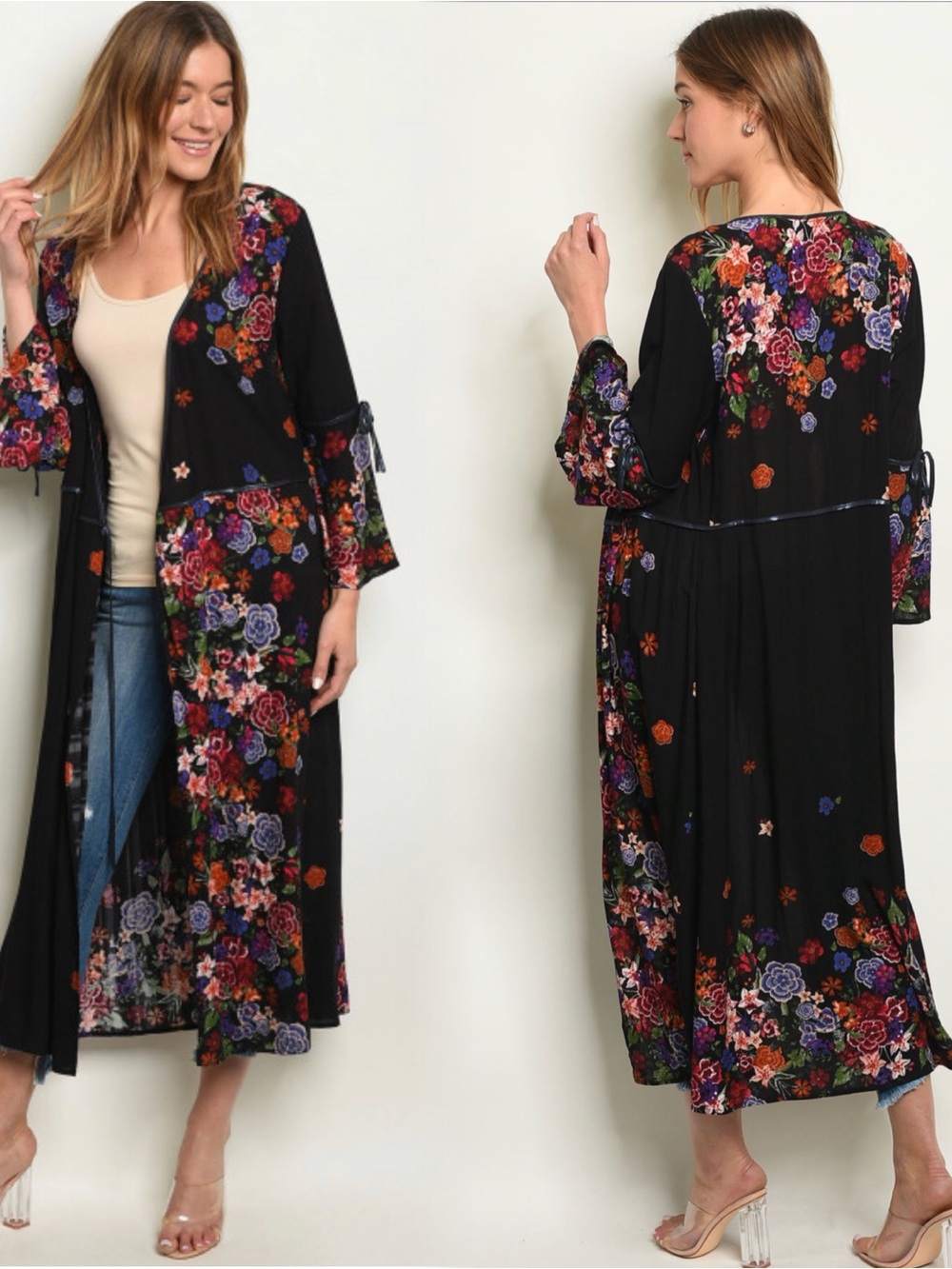 Black Floral Duster Cardigan With Colorful Bouquet Print